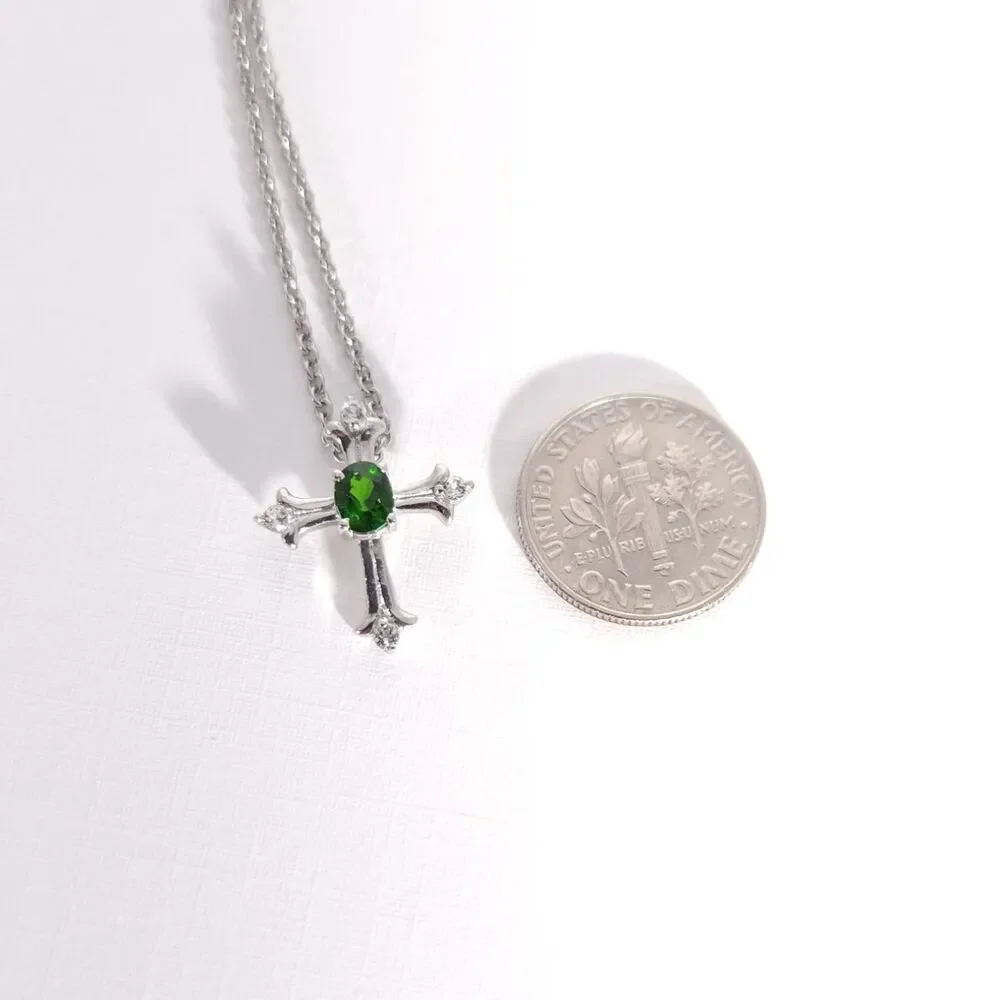 Chrome Diopside Cross Pendant and Stainless Steel Chain